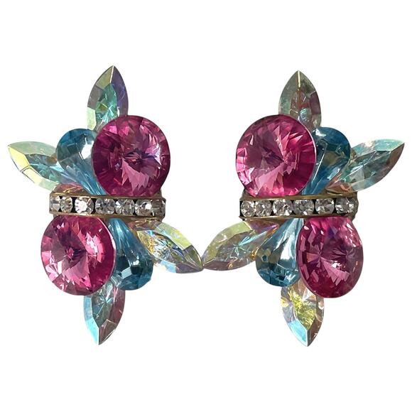 Pink & Blue Crystal Clip-On Earrings Iridescent Aurora Borealis Jeweled Cluster - Picture 1 of 3